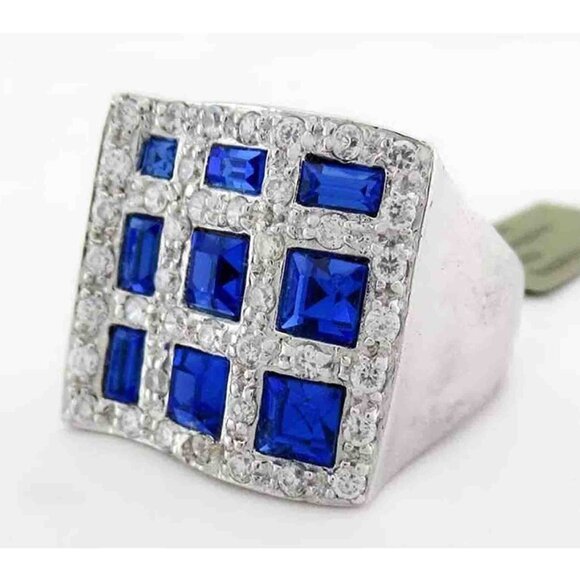 Created 1.42 Cts Blue Sapphire & White Sapphires Ring .925 Silver